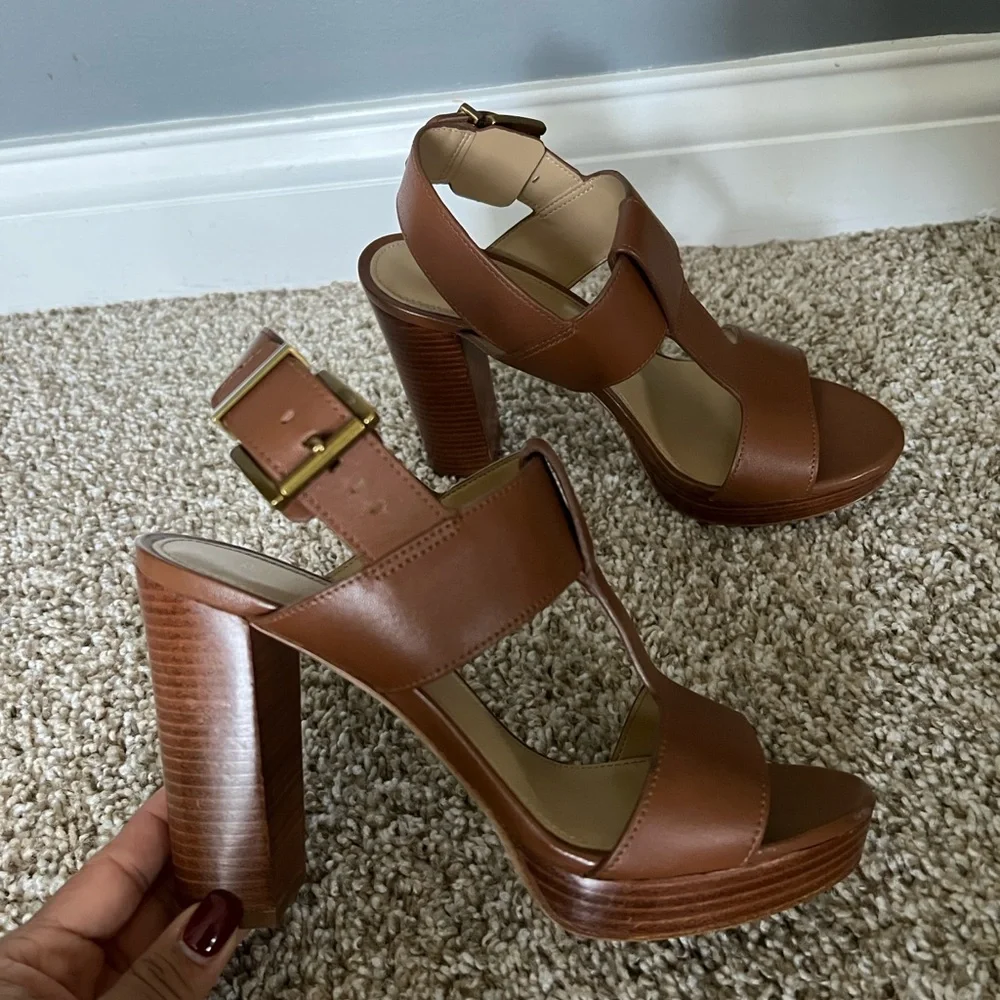 Michael Kors Brown Leather Block Heels - Picture 3 of 6